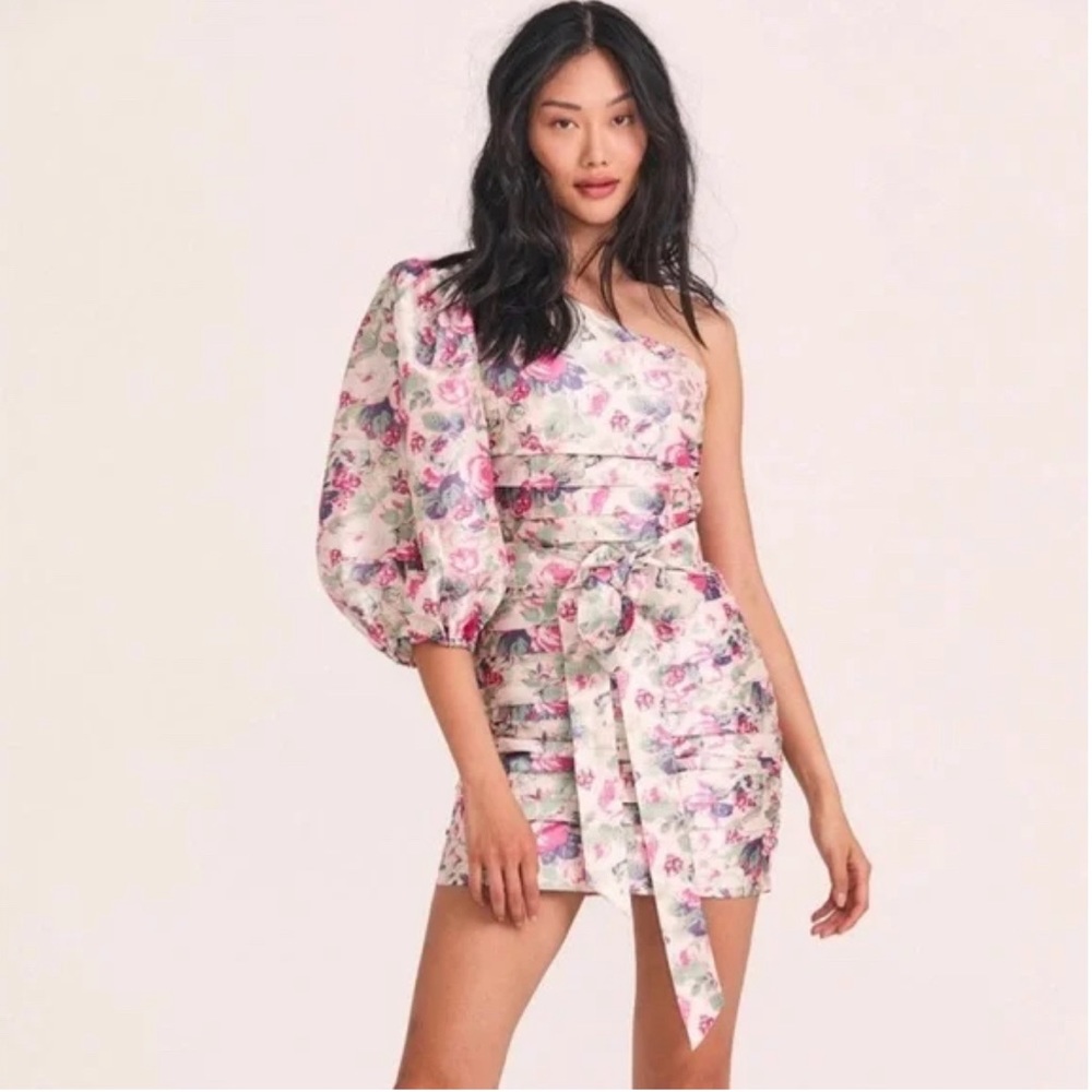 LoveShackFancy Floral One Shoulder Dress - Pink and White